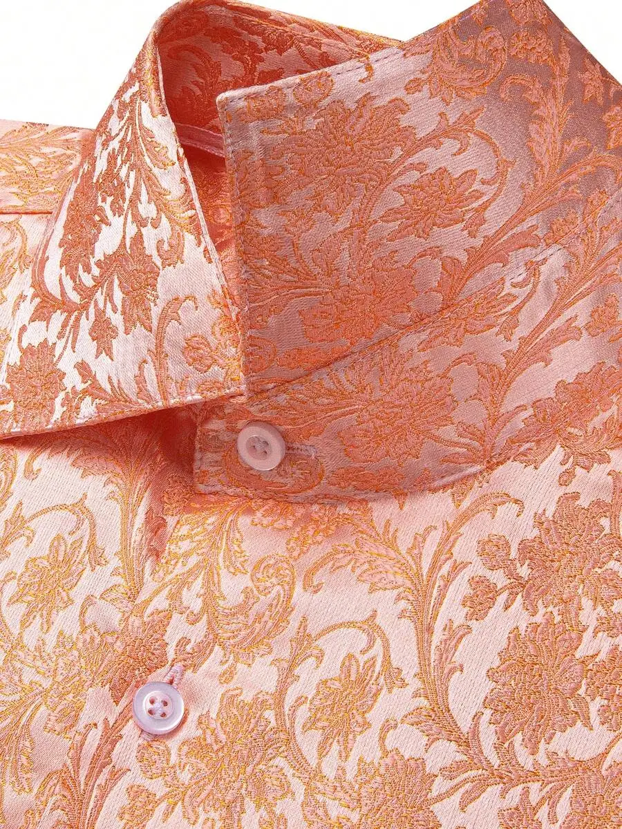 Mens Long Sleeve Orange Paisley Shirt Regular Fit Button Down Formal Casual Office Wedding