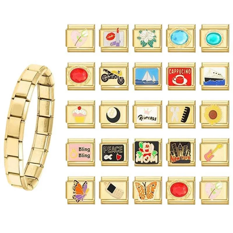 Stainless Steel Gold Elastic Modular Charm Bracelet for Men and Women Couples Black Eight Gem Fashion DIY Hand Chain Jewelry
