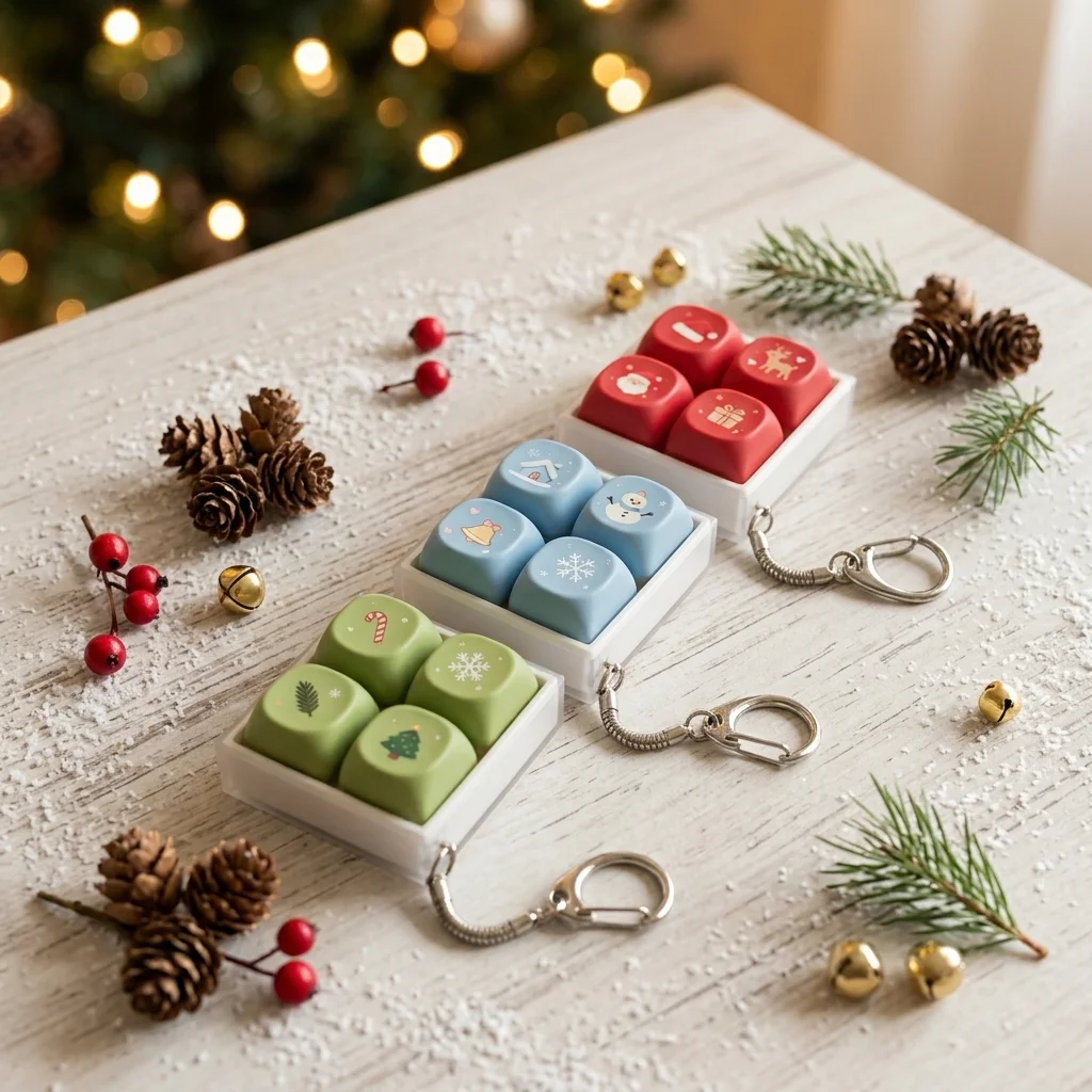 Christmas 4-Key Fidget Clicker Keychain, Xmas Santa Reindeer Gift PBT Keycaps, Portable Stress Relief Mechanical Switch Tester,
