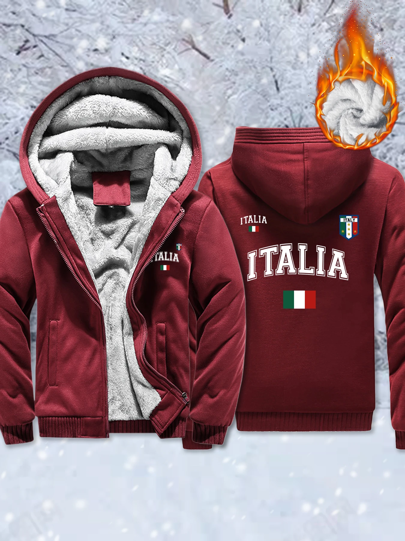 

Italia Creative Letter Flag Printed Thicken Coats Men Oversize Casual Streetwear Winter Fleece Jackets Soft Zipper Man Hoodie