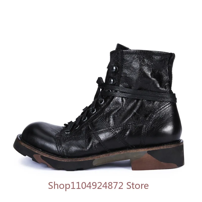 European American Chelsea Trendy Men Motorcycle Boots Desert Lace Up High Top Cowhide Casual Comfortable Outdoor Work Boot Male