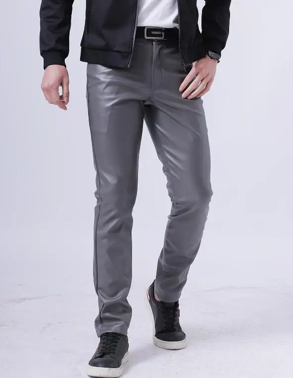 Spring Summer Thin Youth Men Leather Pants, Men Elastic Slim Hair Clipper Leather Pants Bar Colored Leather Trousers