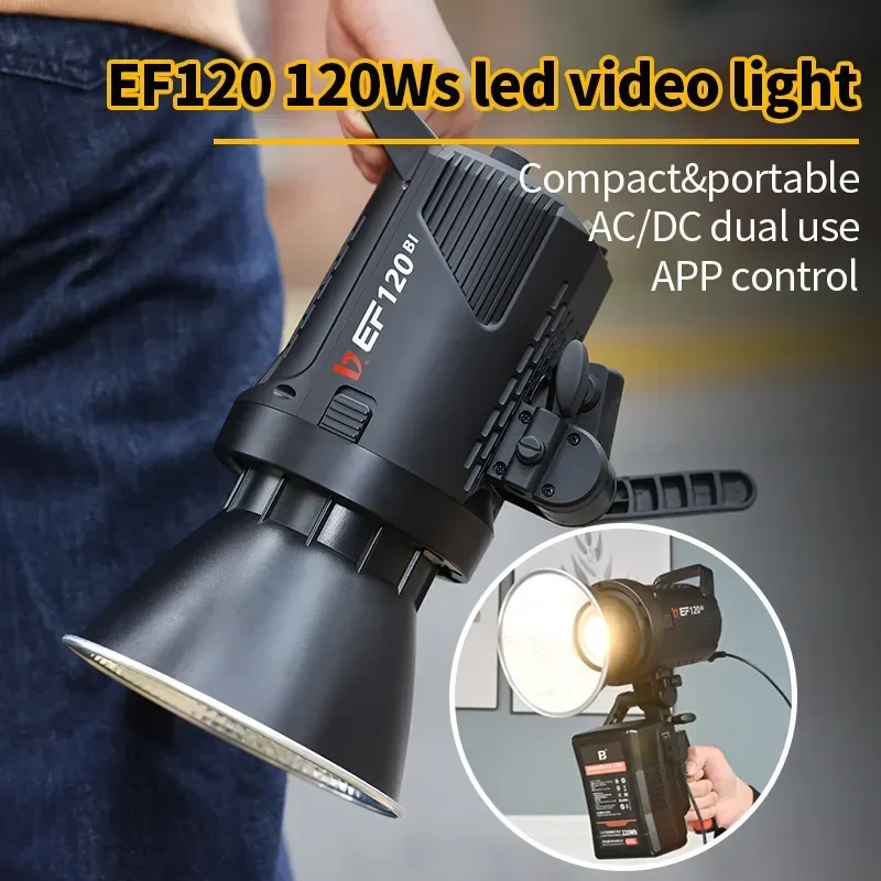 Luz de Vídeo LED JINBEI EF120/120BI COB 120w, Corpo Leve, 2700-6500k, CRI96+, Controle por Aplicativo Bluetooth para Fotografia