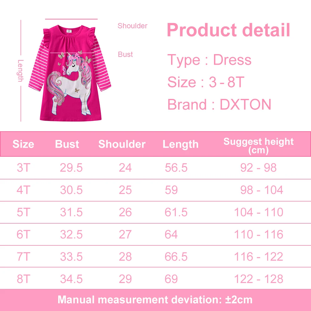 DXTON Cotton Kids Dress For Girls Striped Flying Sleeve Winter Children Clothes Cartoon Unicorn Printed Toddlers Casual Dresses