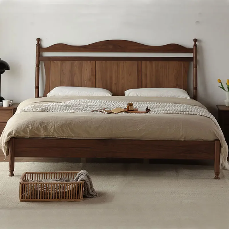 Nordic black walnut 1.8 meters wedding bed American retro Roman column master bedroom log solid wood double bed