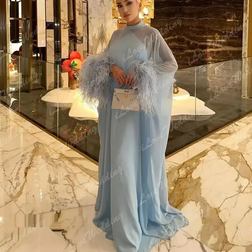 Chiffon Elegant High Neck Prom Dresses Full Sleeves with Feathers Formal Evening Gown For Wedding Customized Saudi Party Gown