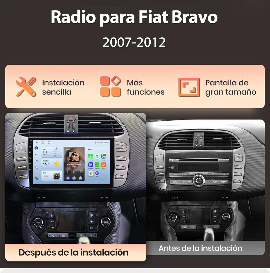 Junsun Wireless CarPlay Android Auto Autoradio für Fiat Bravo 198 2 II 2007-2012 GPS Auto-Intelligentes System BT FM Spanisch Lokal – Detail 2