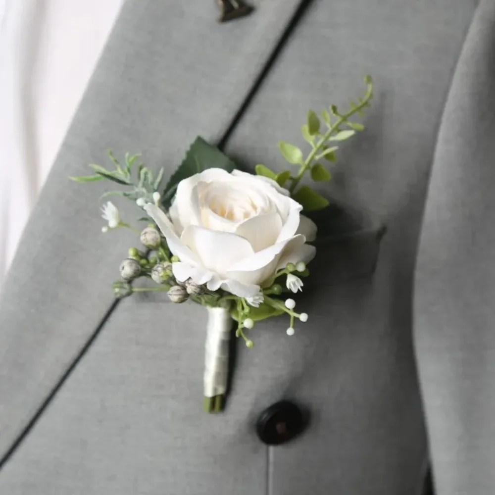 Elegant Groom Boutonniere Flowers for Mensuit Artifical Roses Wrist Corsage Wedding