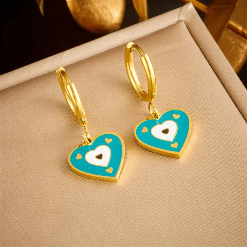 Korean Unique Creative Personalized Drip Oil Heart Clash Color Pendant Round Stainless Steel Pendant Earrings