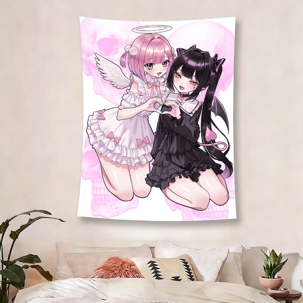 Kawaii Engel & Teufel Anime Wandteppich, rosa Totenkopf-Hintergrund, Flachdruck-Wandbehang, niedliche Anime-Dekoration für Schlafzimmer und Wohnheim, ideal