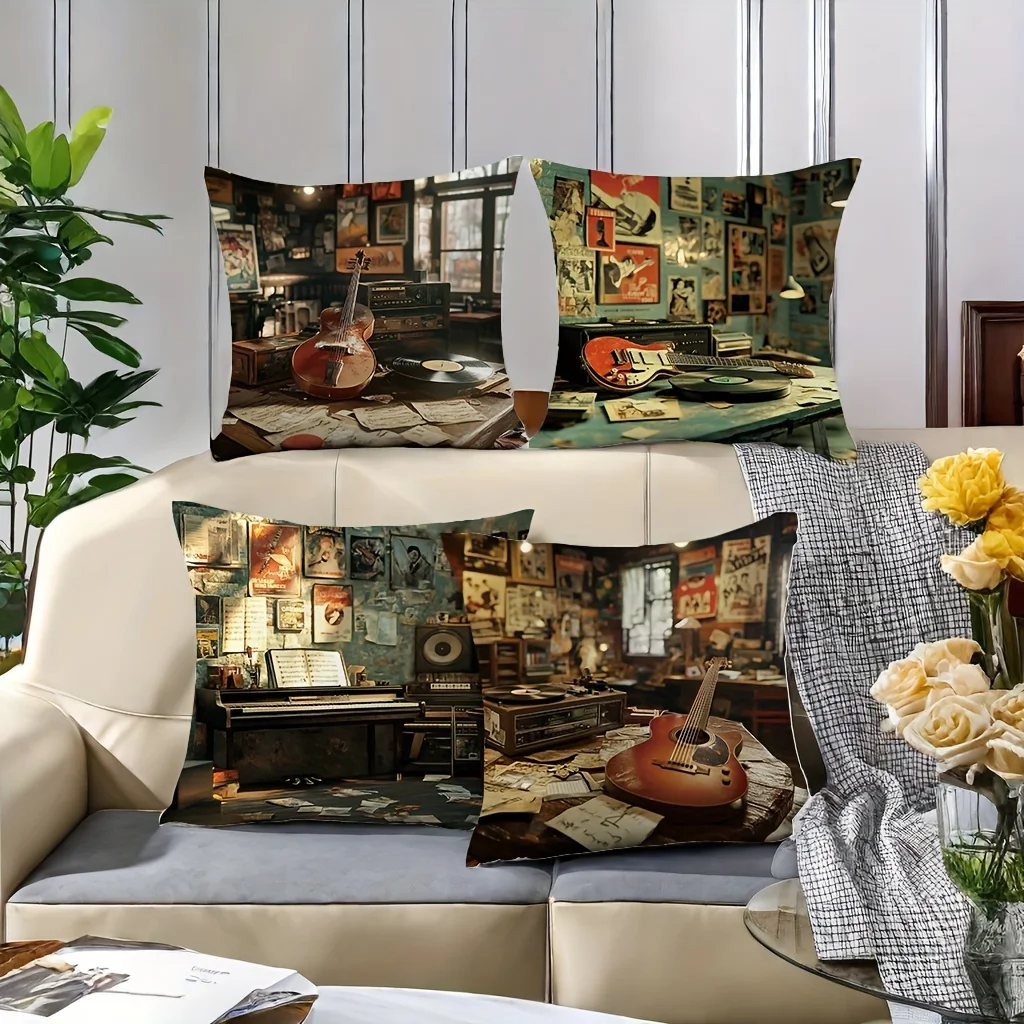 4pcs Retro Music Store Single-sided printing Short plush Suitable for living rooms bedrooms sofas (excluding pillow cores)