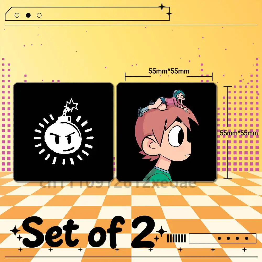 Scott Pilgrim Set of 2 Square Fridge Magnets 55x55mm PVC Magnetic Stickers for Kitchen Home Decoration