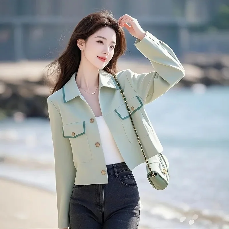 Korean Short Coat Women's Spring Autumn Super Fire Age-Reducing Temperament Small High-Grade Sense Unique Super Nice Green Top