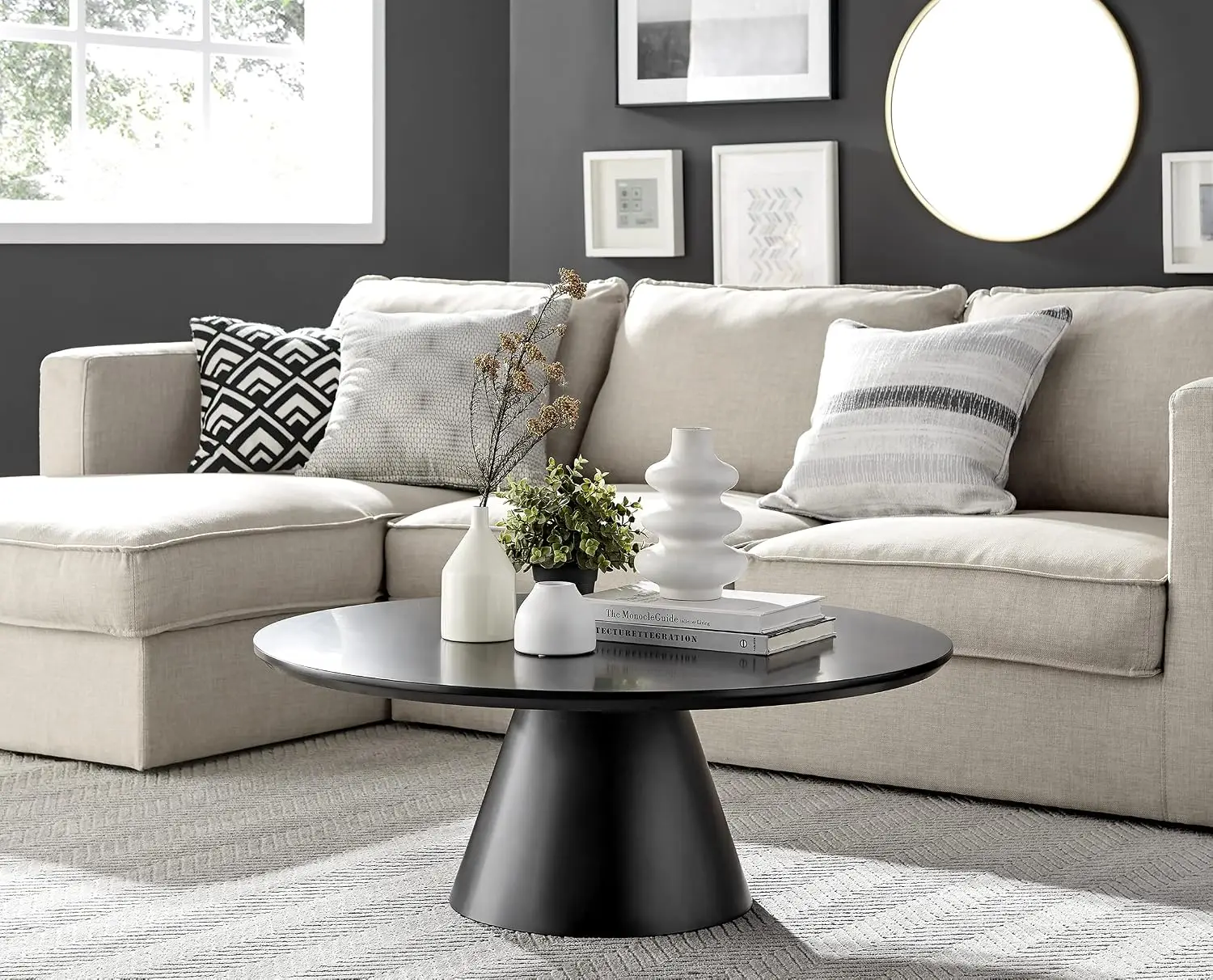 Round Coffee Table Black Minimalist Contemporary Tapered Central Pillar Living Room Furniture, Customized
