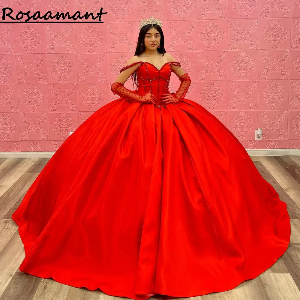 Red Pearls Beading Satin Quinceanera Dresses Off The Shoulder Bow Corset Vestidos De 15 Años(Not Including Gloves)