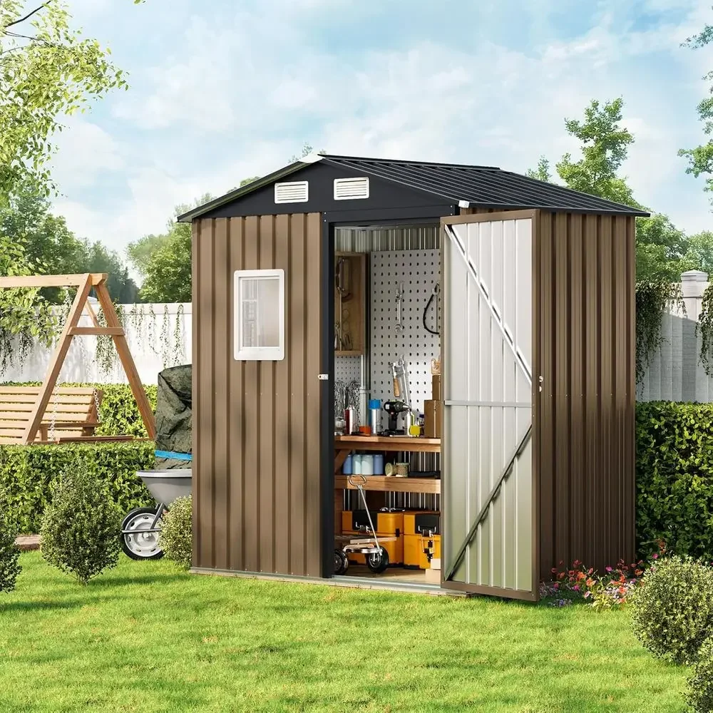 Durable 6x4ft Outdoor Steel Shed with Lockable Door and Window for Garden and Patio Storage in Brown