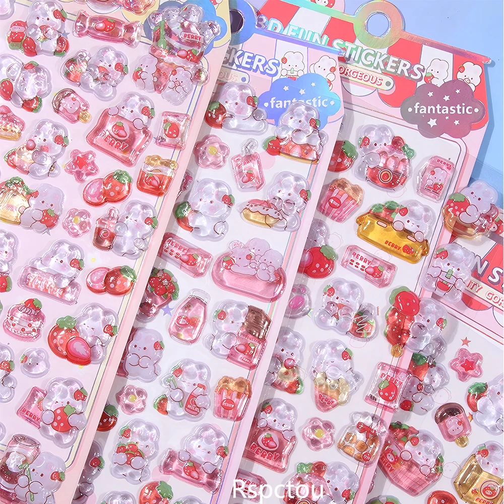 

4pcs Cute Pink Strawberry Rabbit 3D Crystal Relief Stickers Kawaii Cartoon Animals Sticker Guitar Notebook Phone Reward Decals