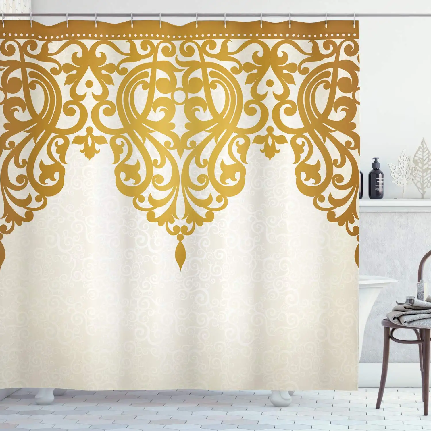 Antique Shower Curtain,Victorian Style Medieval Motifs with Classic Baroque Oriental Shapes,Cloth Fabric Bathroom Set with Hooks