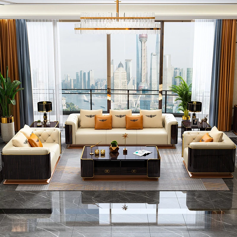 مجموعة وحدات إيطالية من الجلد الفاخر أريكة فيلا غرفة المعيشة المنزلية طقم أريكة الأثاث #3