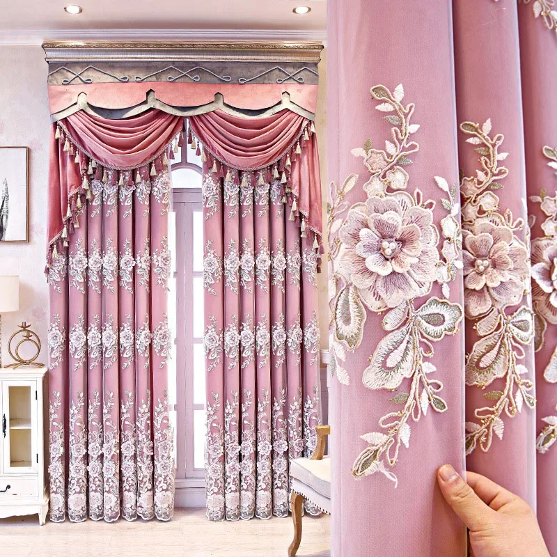 Luxury Double Layered Velvet Relief Embroidered Curtains for Living Room European Villa High-precision High-shading Pink Curtain