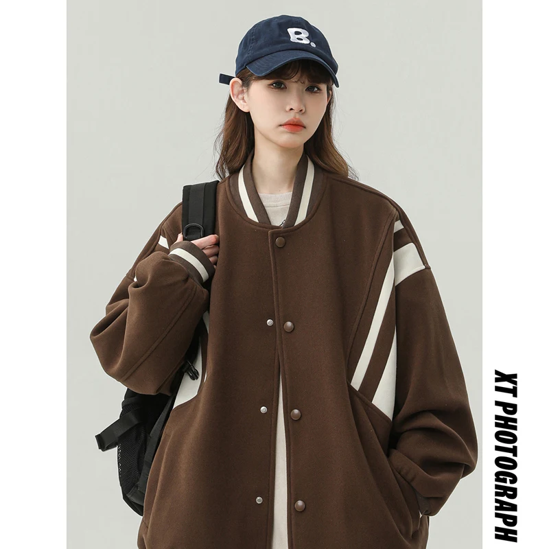 

Американская утепленная шерстяная бейсбольная куртка для мужчин, серия для пар, осень-зима, новинка, свободный крой, длинный рукав, пальто