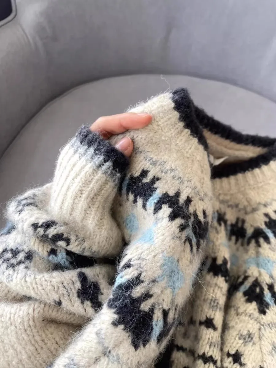 레트로 니트 플로럴 자수 라운드 넥 오픈 가디건 여성용 가을 겨울 루즈 페어 아일 스웨터 자켓