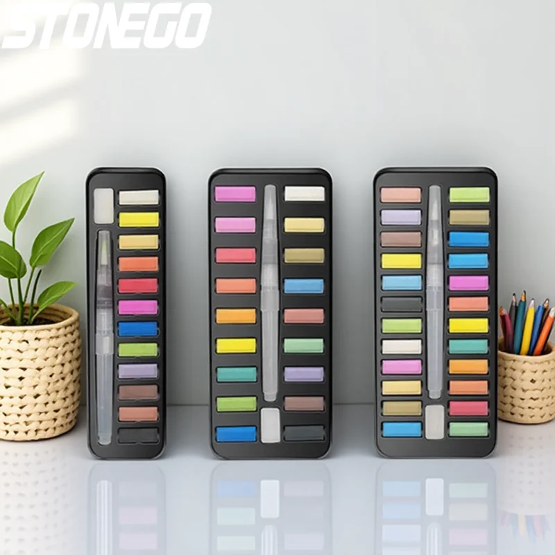 صندوق معدني محمول مطلي بالألوان المائية الصلبة 12/18/24 لونًا مع فرشاة لأطفال المدارس والفنانين المحترفين واللوازم الفنية