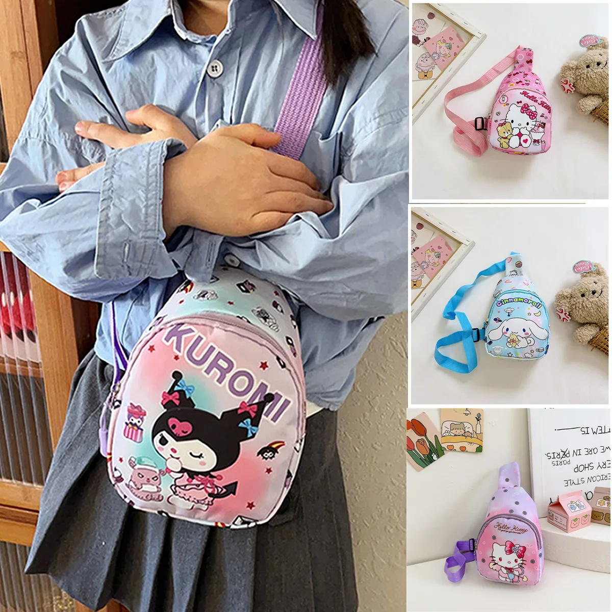 Sac de poitrine Sanurgente Cinnamoroll pour enfants, sacs à bandoulière Kawaii, sac à main Kuromi My Melody Messenger initié, voyage, sport, filles