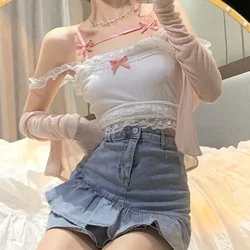 Y2k Summer New Solid Sling Tops Cute Girl Kawaii Lace Bow Inside A Sling Vest 90s Aesthetics Crop Top Women