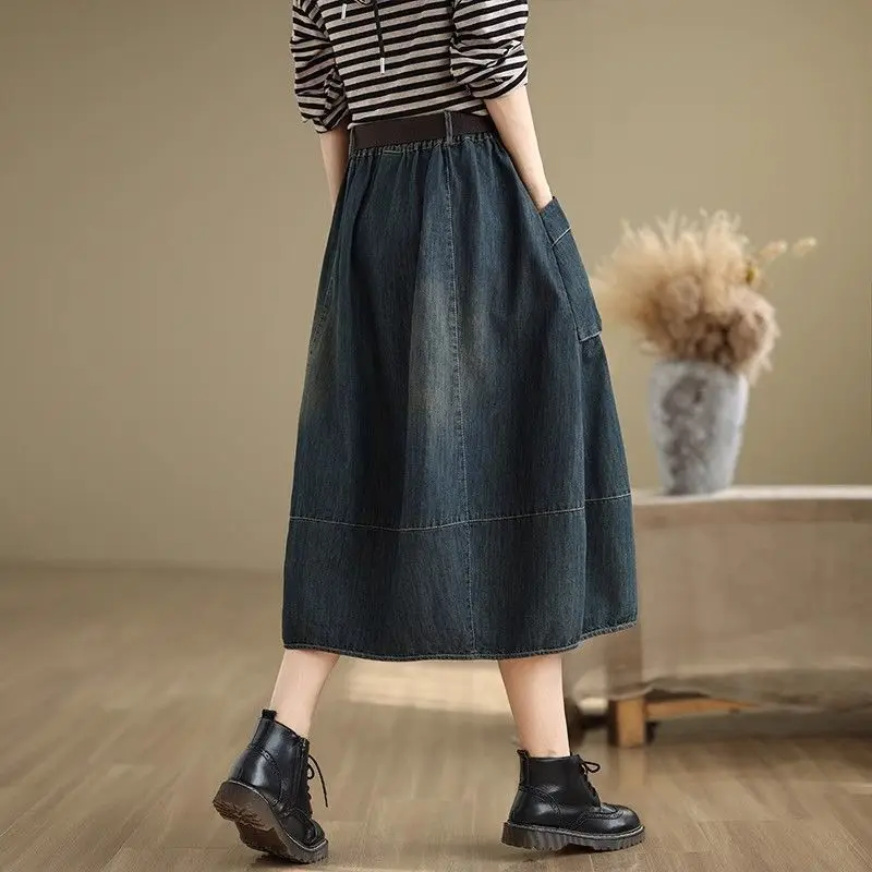 

​ Женская новая джинсовая юбка миди А-силуэта на весну с эластичной талией, свободного кроя, стройнящая, повседневная, универсальная ​