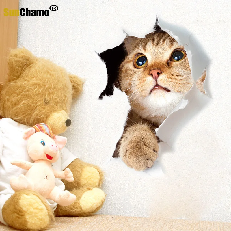 Sunchamo Cute Cat 3D Cracked Toilet Sticker Wall Stickers Fridge Car Seat  Living Bath Room Home Decor Wallstickers Bedroom