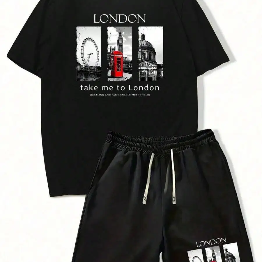 

Mens Casual London Print T-Shirt And Shorts Set Knitted Fabric