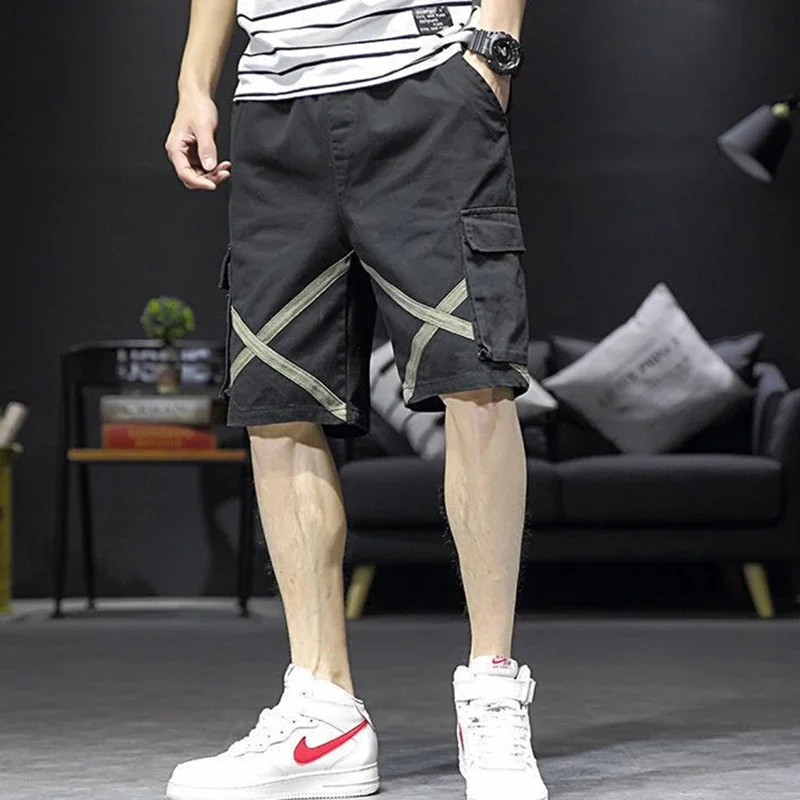 LIBIELIY Fashion Loose Elastic Waist Spliced Pockets Bandage Cargo Shorts Men's 2024 Summer New Oversized All-match Casual Short