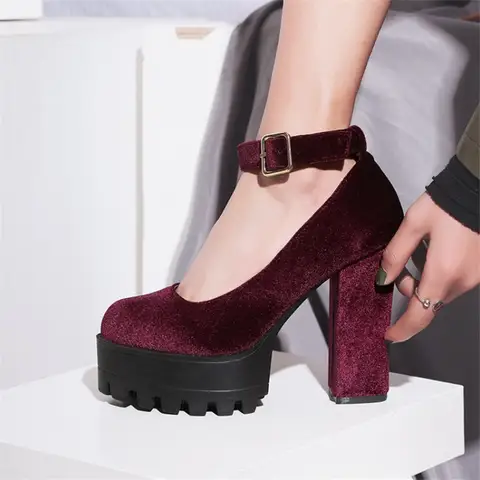PXELENA Chunky Block High Heels Womens Pumps Ankle Strap Round Toe Flock Dress Party Date Ladies Shoes Punk Rock Gothic 34-42