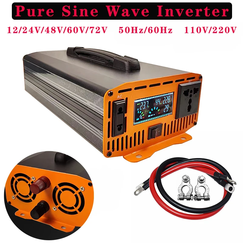 

1600W Pure Sine Wave Inverter -- 12V/24V/48V/60V/72V Converter for Home, RV and Off-Grid Solar Systems + 2 AC Outlet & LED Light