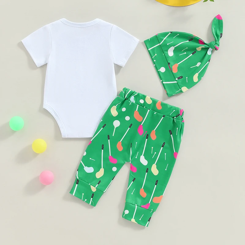 Baby Golfing Clothes Daddys Golfing Buddy Short Sleeve Romper Golf Car Pants Hat 3Pcs Set Infant Green Sport Outfit