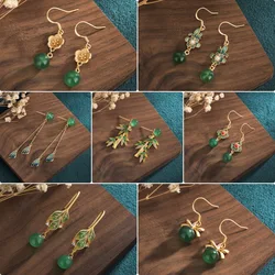 Retro Chinese Jade Pendant Stud Earrings for Women Ancient Palace Style Hand Made Flower Bamboo Shaped Small Luxury Jewelry