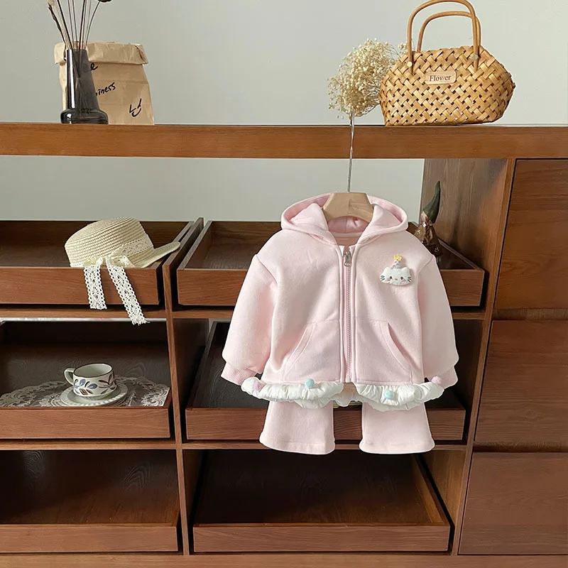 Spot GoodsQT252206Girls' مجموعة مبطنة بالصوف2025خريف وشتاء مجموعة جديدة من الصوف السحابي المنتفخ بقلنسوة