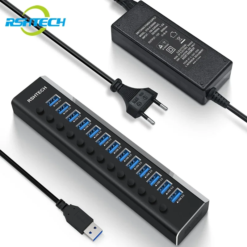 

RSHTECH USB Hub Aluminum 13 Port USB 3.0 Hub with 12V/6A Power Adapter and Individual On/Off Switches USB Splitter for PC Laptop