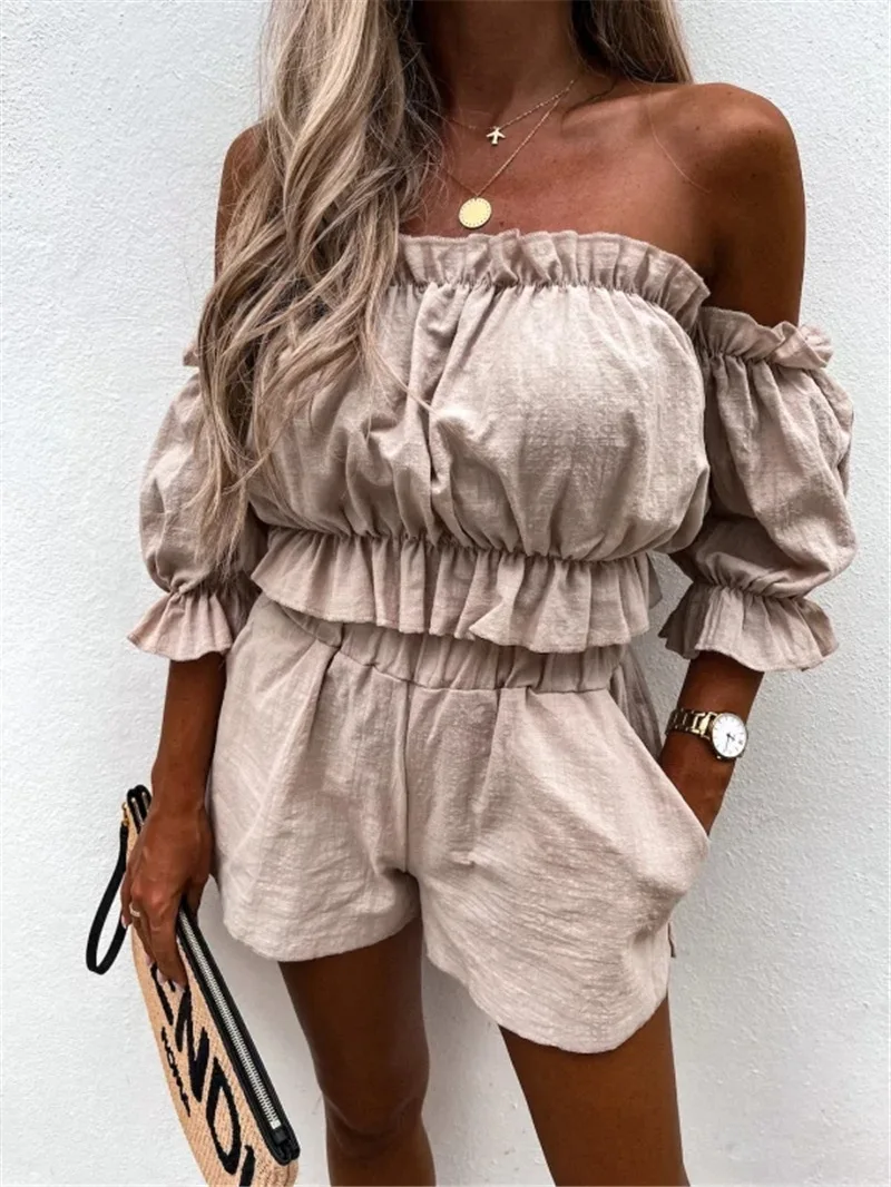 Sexy Off Shoulder Chest Shirt And Short Sets Casual Ruffles Crop Top Two Piece Set White Summer Outfits For Women 2023