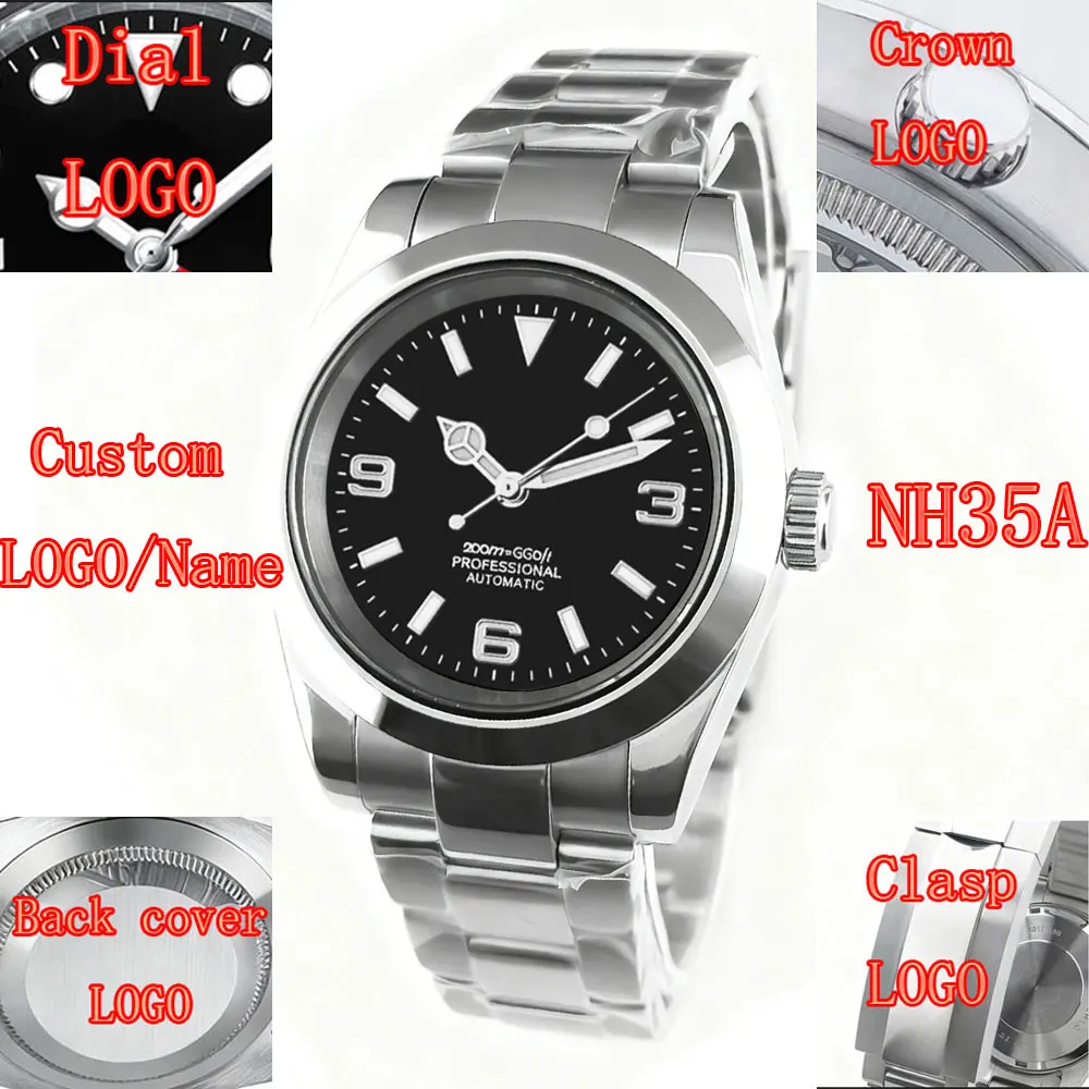 شعار مخصص NH35 ساعة رجل التلقائي الميكانيكية ساعة اليد 36 مللي متر/39 مللي متر مقاوم للماء الياقوت مضيئة Reloj automatique ميوتا ساعة