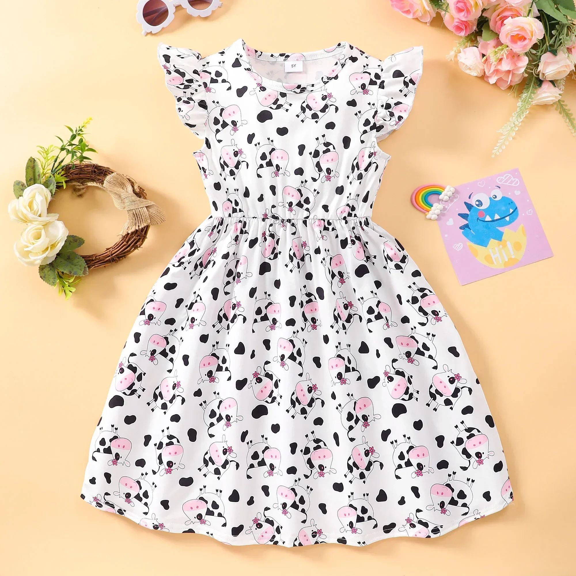 

2025 White Cow Dress for Kids Girl Clothes Summer Short Sleeve Cute Casual Party Vacation Fashion Toddler Dress 2 3 4 5 6 7 Yrs