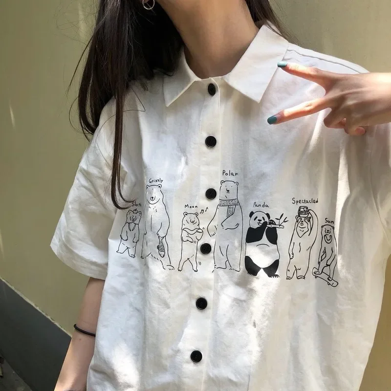 Women Shirts Turn-down Collar Summer Harahjuku Streetwear Printed BF Fashion Womens Vintage Elegant Students Ulzzang Chic Tender