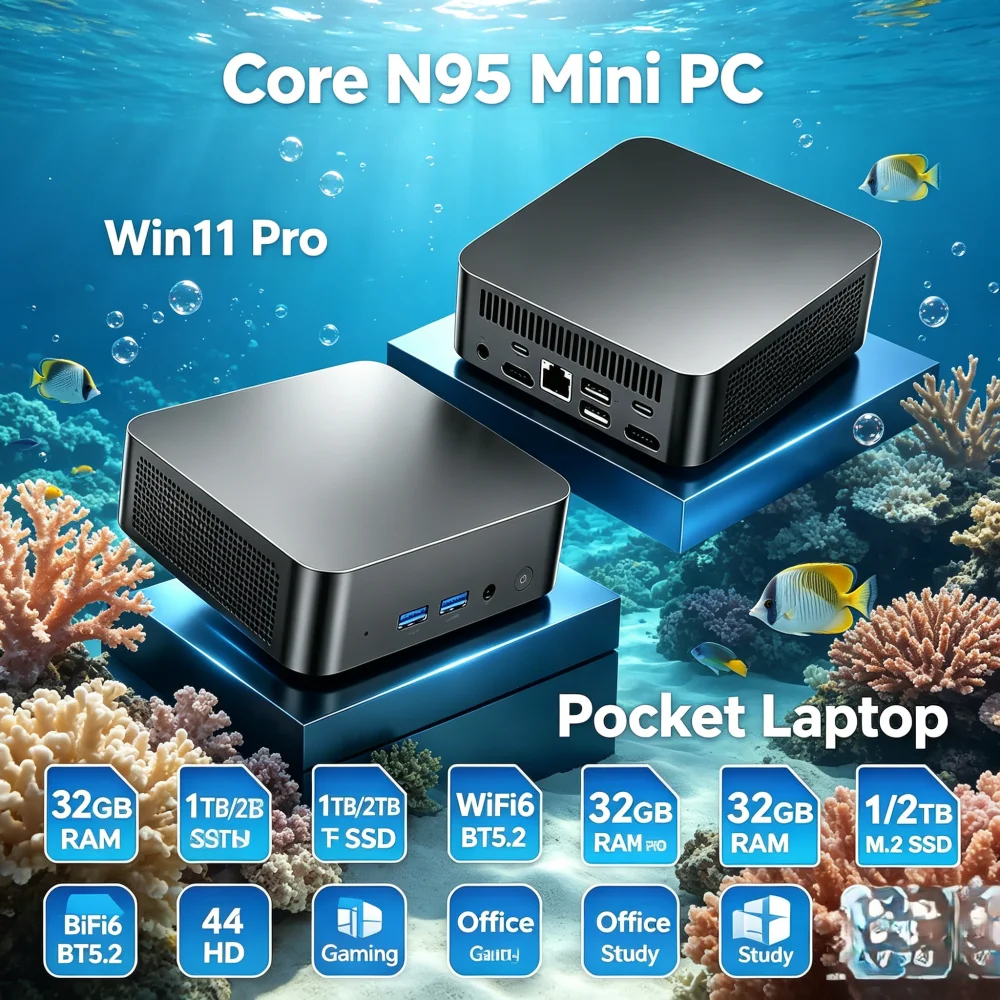 Core N95 Mini PC Win11 Pro Pocket Laptop 32GB RAM 1TB/2TB SSD WiFi6 BT5.2 4K HD Gaming Office Study Notebook
