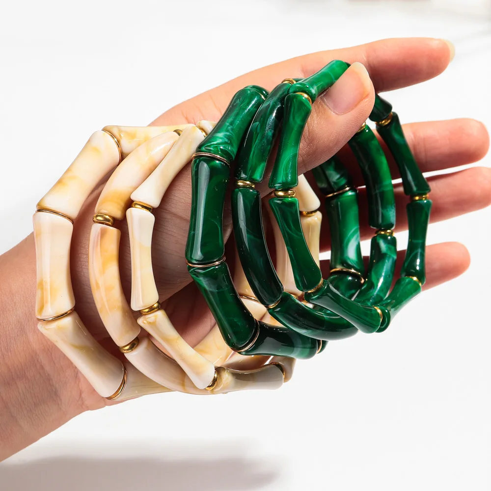 3pcs Vintage Bamboo Curved Tube Bracelets for Women Men Punk Colorful Resin Beaded Elastic Stackable Bangles Couple Jewelry Gift