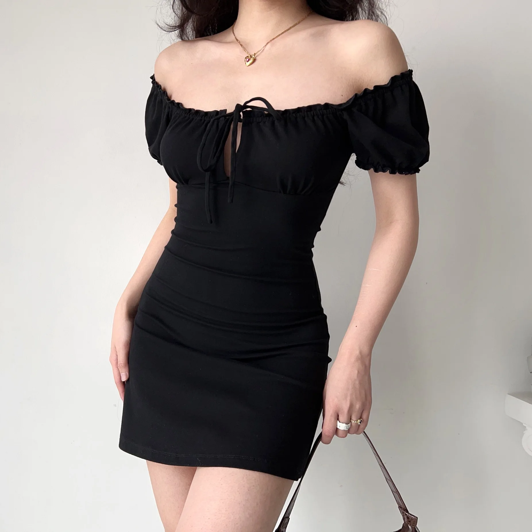 Vintage Cutout Lace Up Mini Dress Retro Puff Sleeve Black Dress Square Neck Ruffle Waist Dress Casual Short Summer Dresses