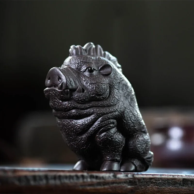 Yixing Zisha Tea Pet Pig Ornament Wild Boar Sculpture Tea Set Craft Ceramic Suitable for Cultivation