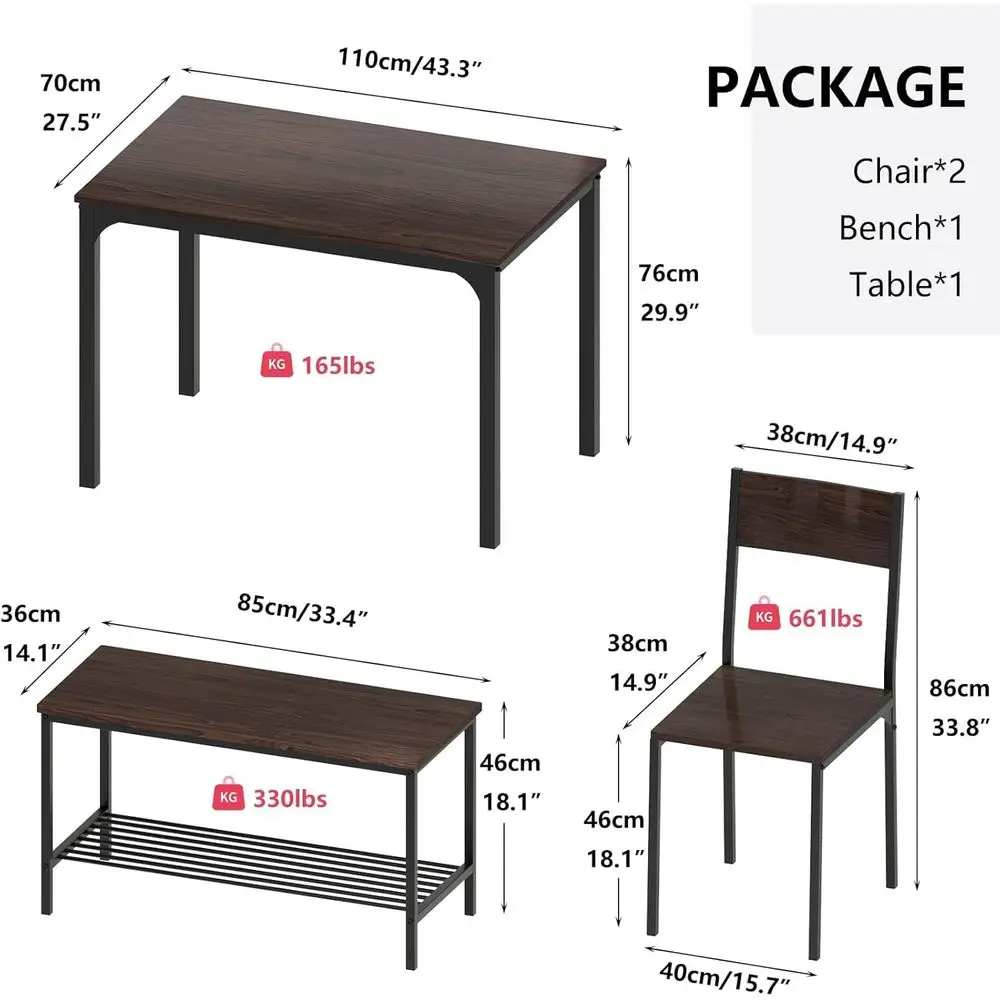 Dining Table Set or 4, with Two Chairs and One Bench/4 Piece Set, Wooden Table Top with Metal Legs or Breakast in Living Room, K