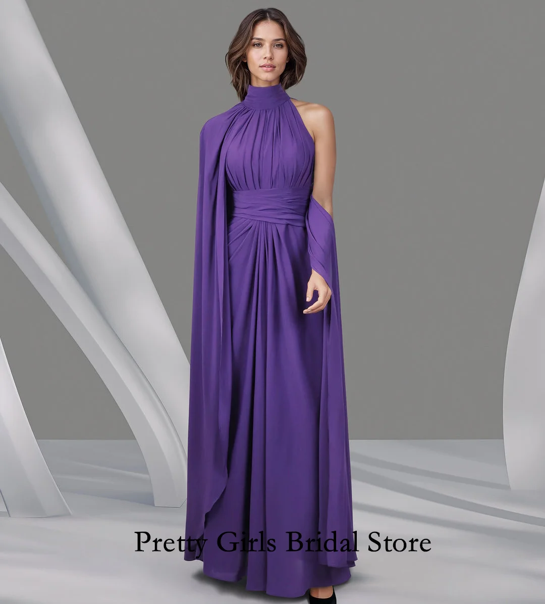 Arabic Morden Style High Neck Draped Evening Dresses With Cape Sleeves Chiffon Purple Formal Prom Growns Party Women Bride