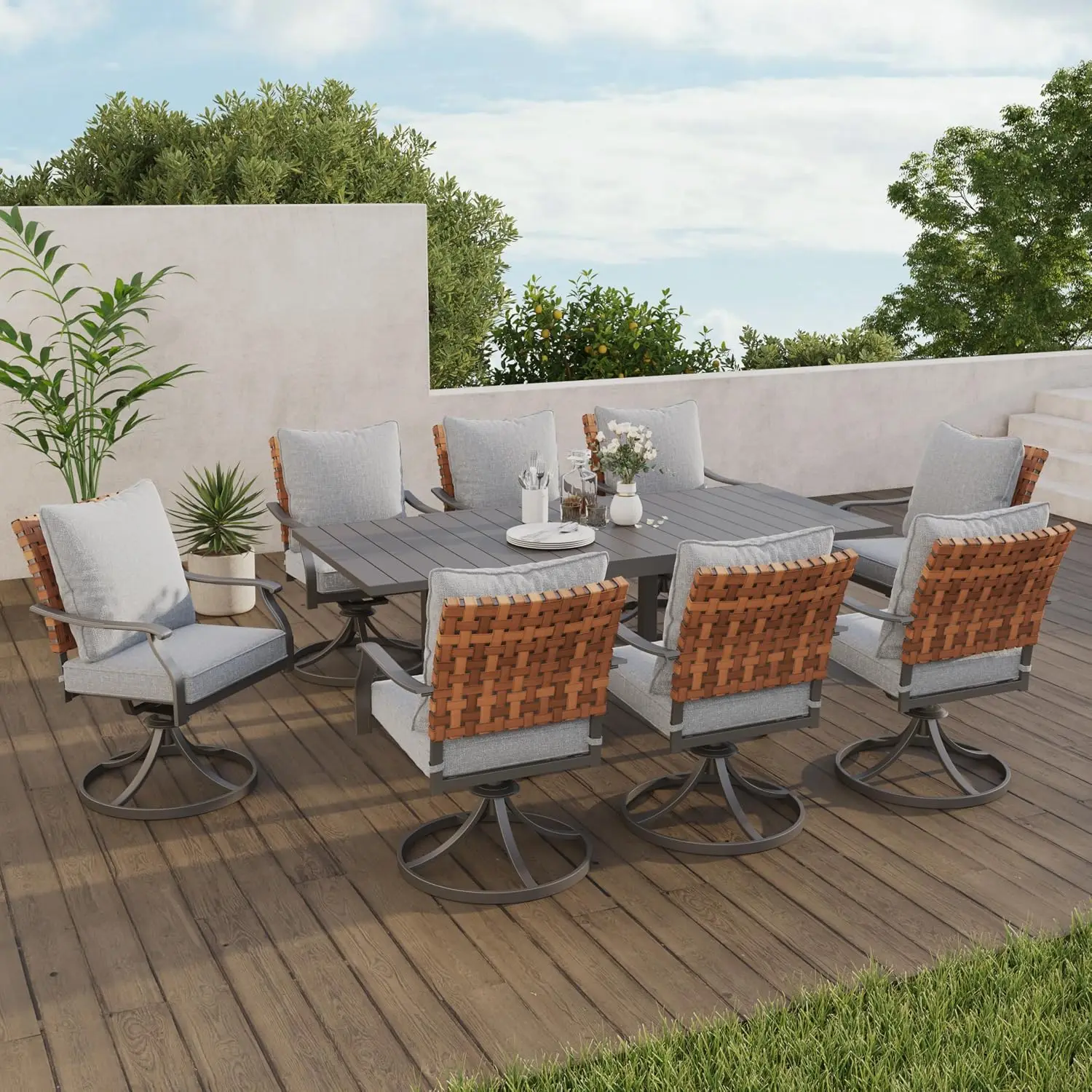 Outdoor Swivel Dining Set 8 Gray Chairs & Table Patio Garden Furniture, Customized